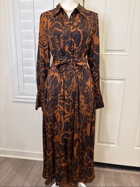 COS Ecovero Viscose Maxi Shirt Dress with Sash Brown & Black Floral Print Size 8